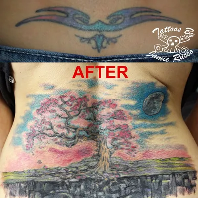 Tree scene cover-up tattoo