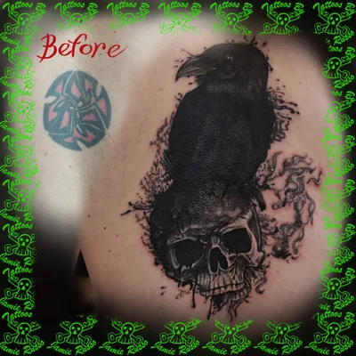 Skull and crow cover-up tattoo