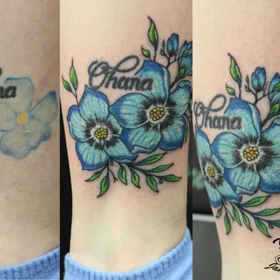 Blue flowers cover-up tattoo