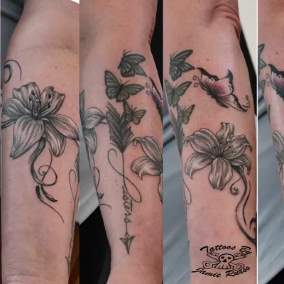 Arrows and three butterflies tattoo
